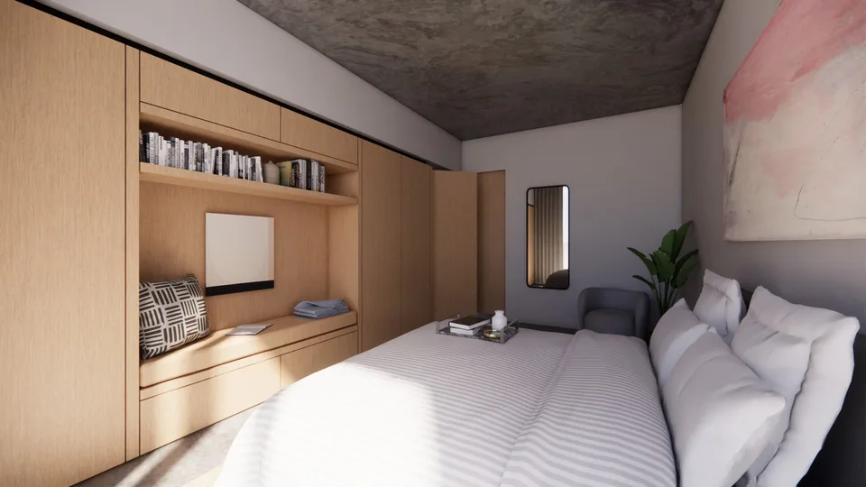 SISU residence bedroom with crafted wood storage and an integrated bench
