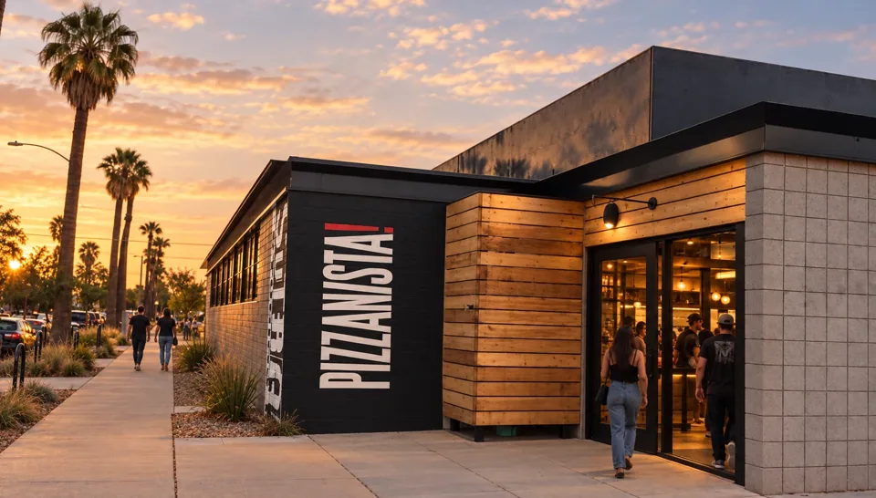 Concept rendering of the planned PIZZANISTA! exterior at dusk