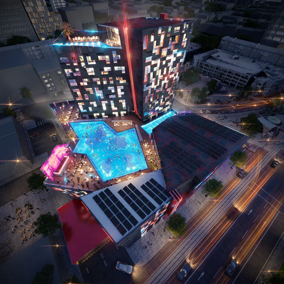 Aerial architectural visualization of Atari Hotel Phoenix and its pool deck