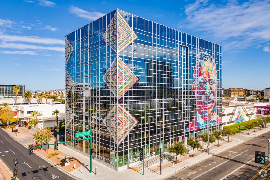 TEN-O-ONE glass exterior with colorful artwork at Roosevelt Street and Central Avenue