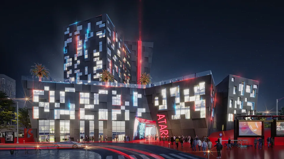 Atari Hotel illuminated frontage along the passage