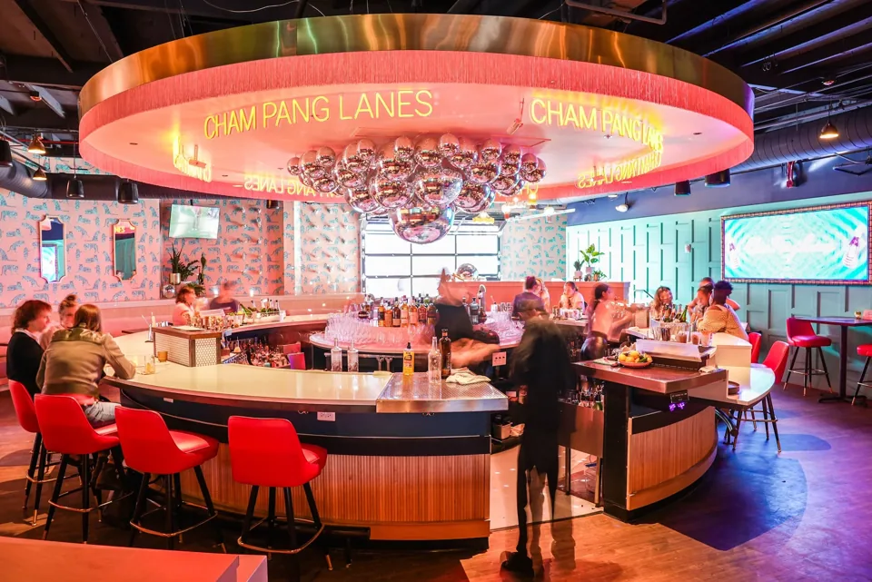Circular bar and disco balls inside Châm Pang Lanes in Phoenix