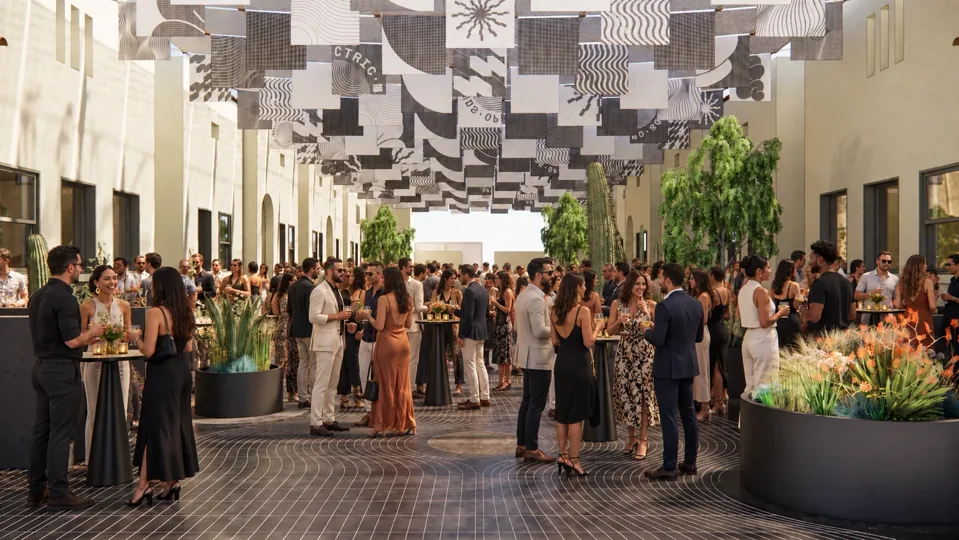 Concept rendering of a courtyard event at MODE with guests, café tables, and a patterned canopy