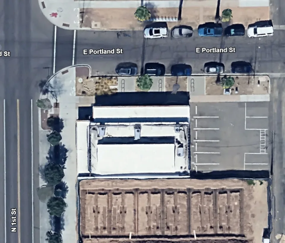 Aerial view of the 1029 North First Street site at East Portland Street