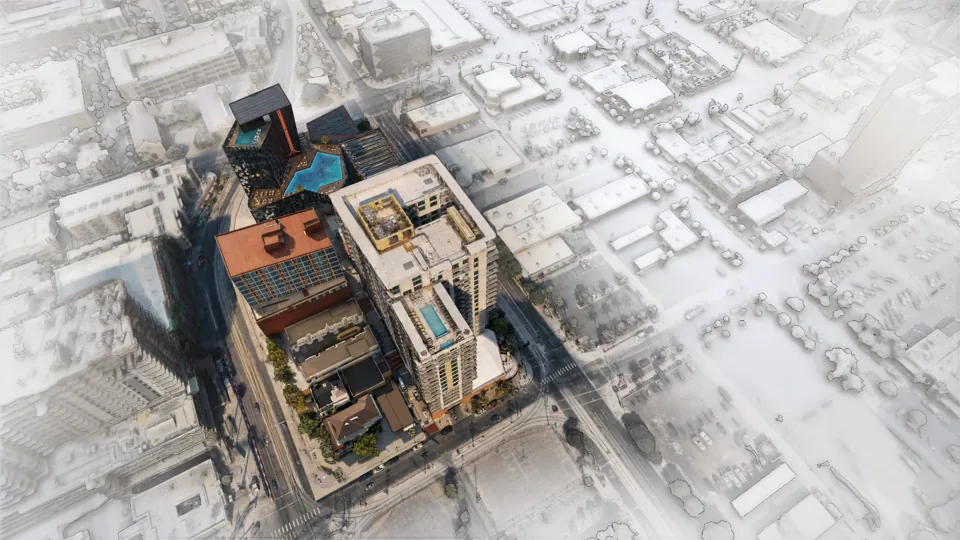 Angled aerial rendering of the full Fascination Street block with Atari Hotel at its north end